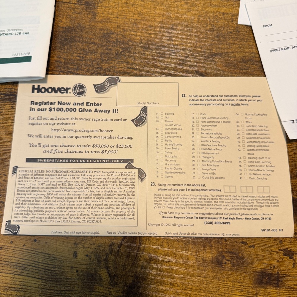 Hoover Self-Propelled WindTunnel Manual Warranty Registration U6425 U6445 1998 - Picture 5 of 7